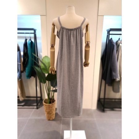 프린트 끈소매 면 원피스 그레이