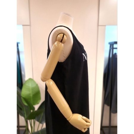 프린트 끈소매 면 원피스 블랙