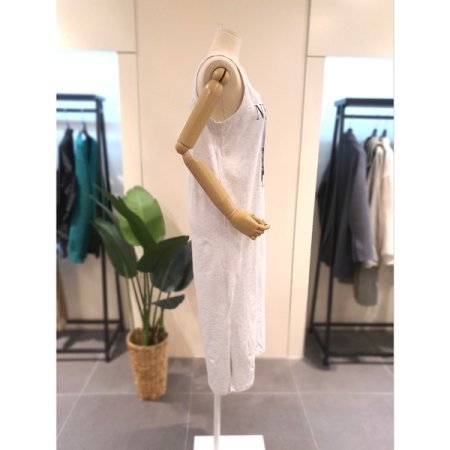 프린트 끈소매 면 원피스 라이트그레이