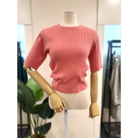 꽈배기 라운드 반팔 니트 핑크