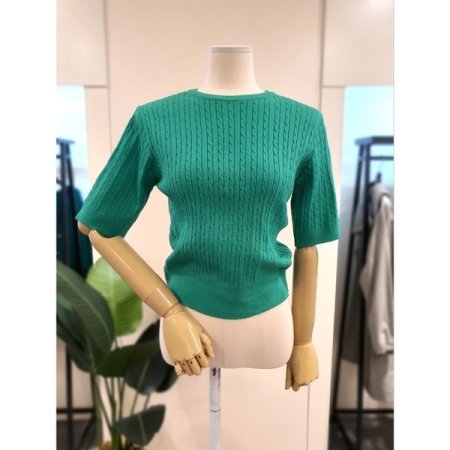 꽈배기 라운드 반팔 니트 그린