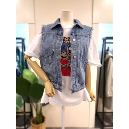 카라 수술 데님 베스트 블루