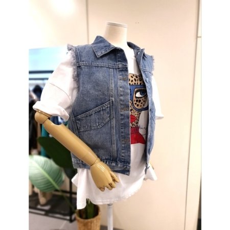 카라 수술 데님 베스트 블루