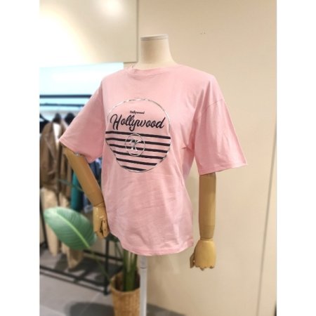 라운드 호일 프린트 반팔 티셔츠 핑크