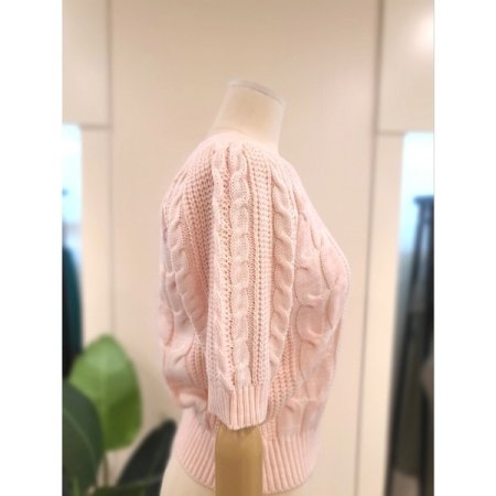 퍼프 반팔 소매 꽈배기 숏 니트 핑크