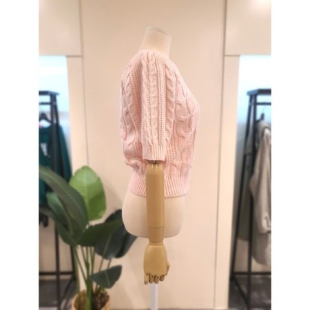 퍼프 반팔 소매 꽈배기 숏 니트 핑크