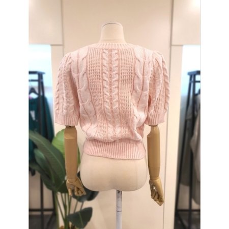 퍼프 반팔 소매 꽈배기 숏 니트 핑크