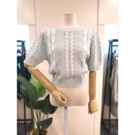 퍼프 반팔 소매 꽈배기 숏 니트 민트