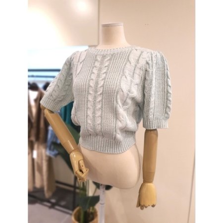 퍼프 반팔 소매 꽈배기 숏 니트 민트