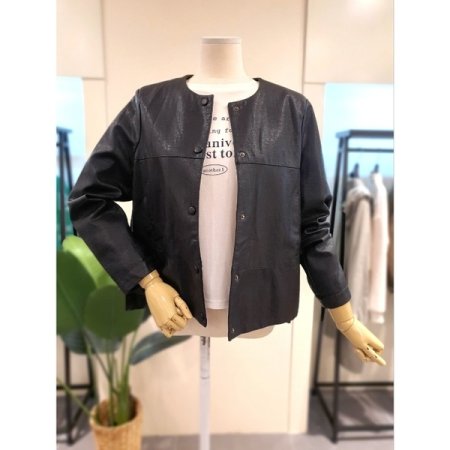 라운드 넥 에코 가죽 자켓 블랙