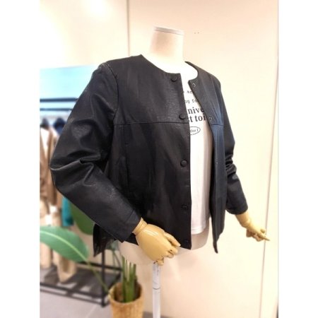 라운드 넥 에코 가죽 자켓 블랙