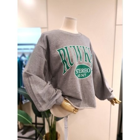 밑단 컷팅 프린팅 맨투맨 그레이