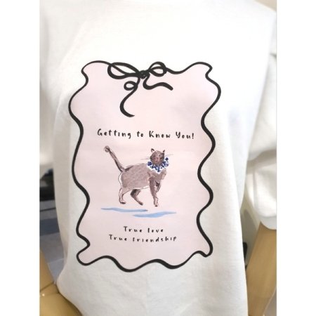 리본 고양이 프린팅 볼륨 반팔 티셔츠