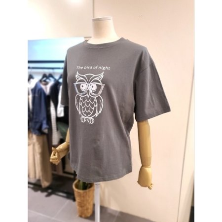부엉이 호일 프린팅 티셔츠 카키