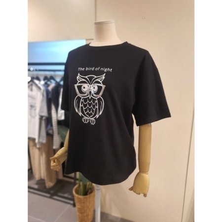부엉이 호일 프린팅 티셔츠 블랙