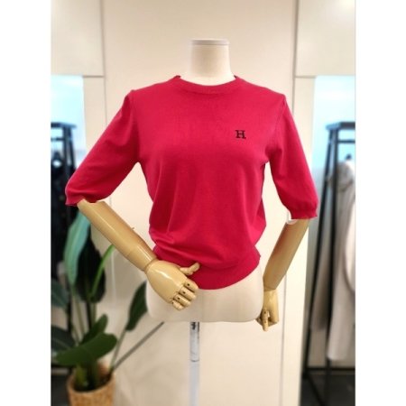 H자수 라운드 반팔 니트 핑크