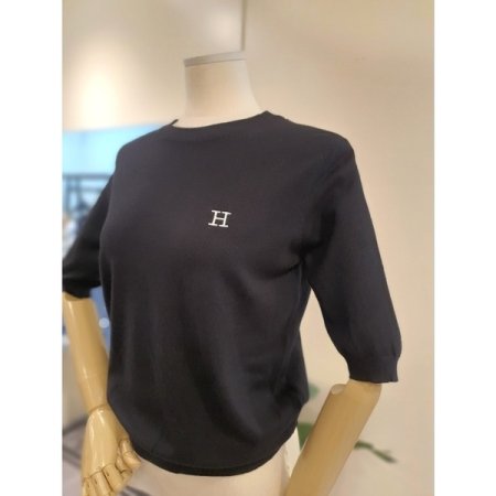 H자수 라운드 반팔 니트 블랙