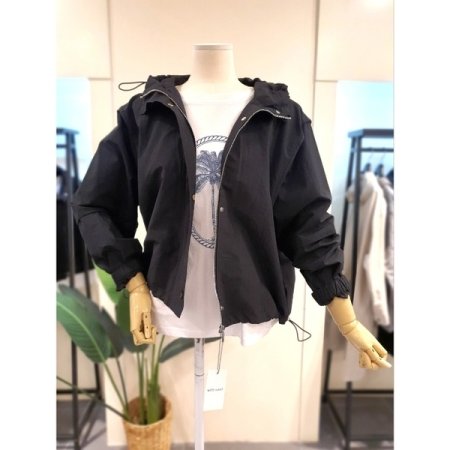 프롬 스트링 후드 홑겹 점퍼 블랙