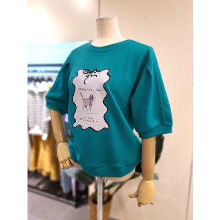 리본 고양이 프린팅 볼륨 티셔츠 그린