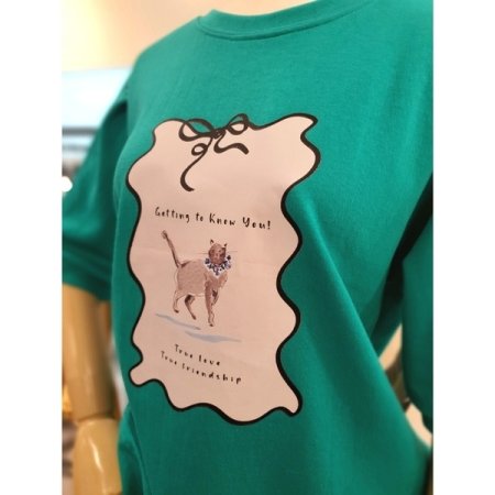 리본 고양이 프린팅 볼륨 티셔츠 그린
