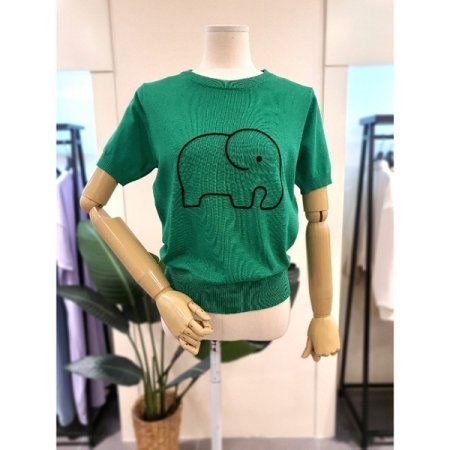 코끼리 자수 반팔 니트 그린