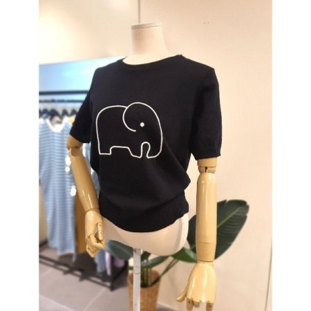 코끼리 자수 반팔 니트 블랙