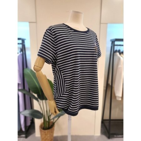 자수 스트라이프 반팔 티셔츠 네이비