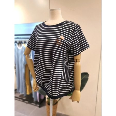 자수 스트라이프 반팔 티셔츠 네이비