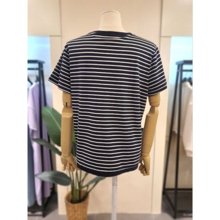 자수 스트라이프 반팔 티셔츠 네이비