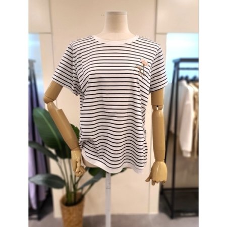 자수 스트라이프 반팔 티셔츠 네이비