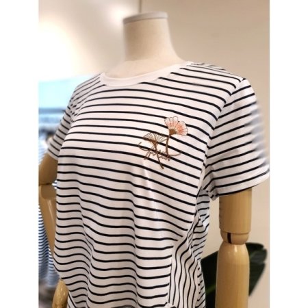 자수 스트라이프 반팔 티셔츠 네이비