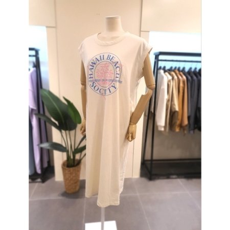 야자수 프린트 민소매 원피스 크림