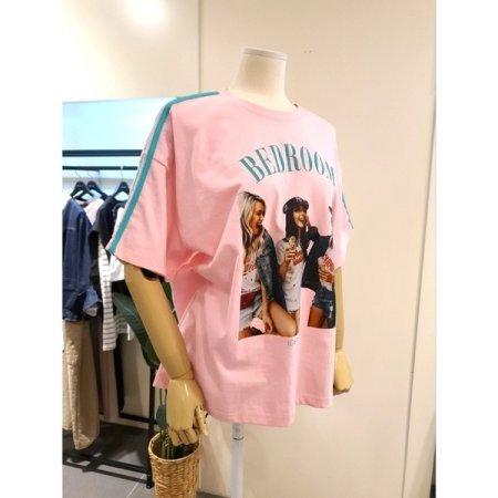 빈티지 프린팅 트랙 반팔 티셔츠 핑크