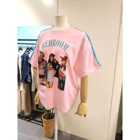 빈티지 프린팅 트랙 반팔 티셔츠 핑크