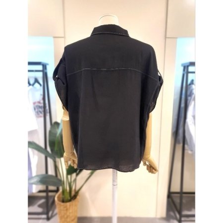 스티치 카라 롤업 반팔 블라우스 블랙