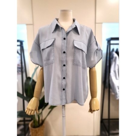 스티치 카라 롤업 반팔 블라우스 블랙