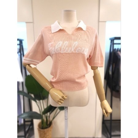 오픈 카라 배색 니트 핑크