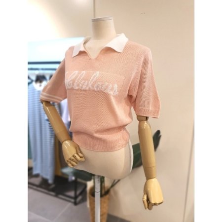 오픈 카라 배색 니트 핑크