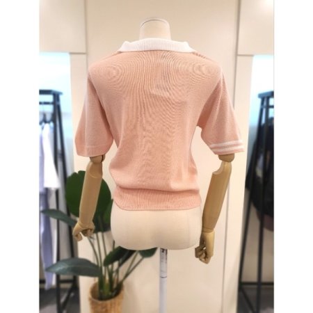 오픈 카라 배색 니트 핑크