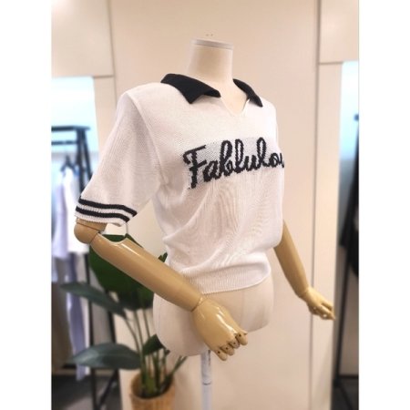 오픈 카라 배색 니트 아이보리