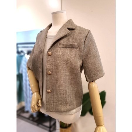 코튼 쓰리 버튼 반팔 숏 자켓 브라운