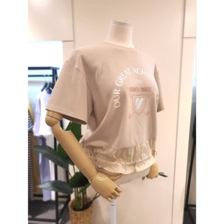 배색 밑단 스트링 반팔 티셔츠 베이지