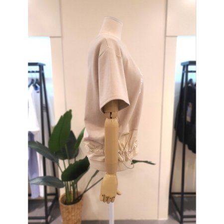 배색 밑단 스트링 반팔 티셔츠 베이지