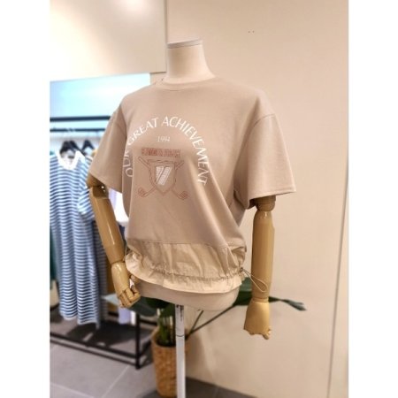 배색 밑단 스트링 반팔 티셔츠 베이지