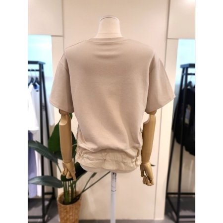 배색 밑단 스트링 반팔 티셔츠 베이지