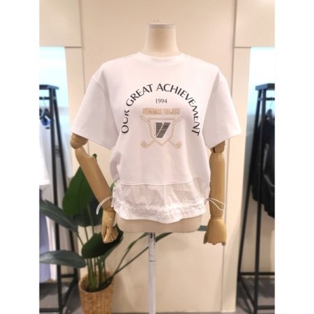 배색 밑단 스트링 반팔 티셔츠 베이지