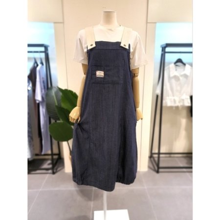 린넨혼방 배색 멜빵 데님 원피스