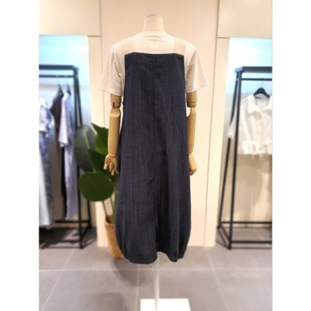 린넨혼방 배색 멜빵 데님 원피스