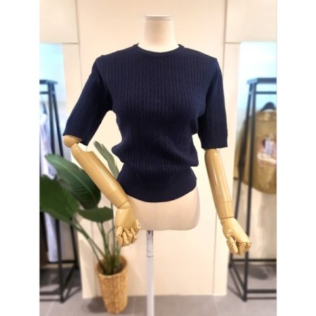렝스 반팔 꽈배기 니트 네이비