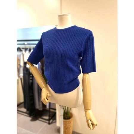렝스 반팔 꽈배기 니트 블루